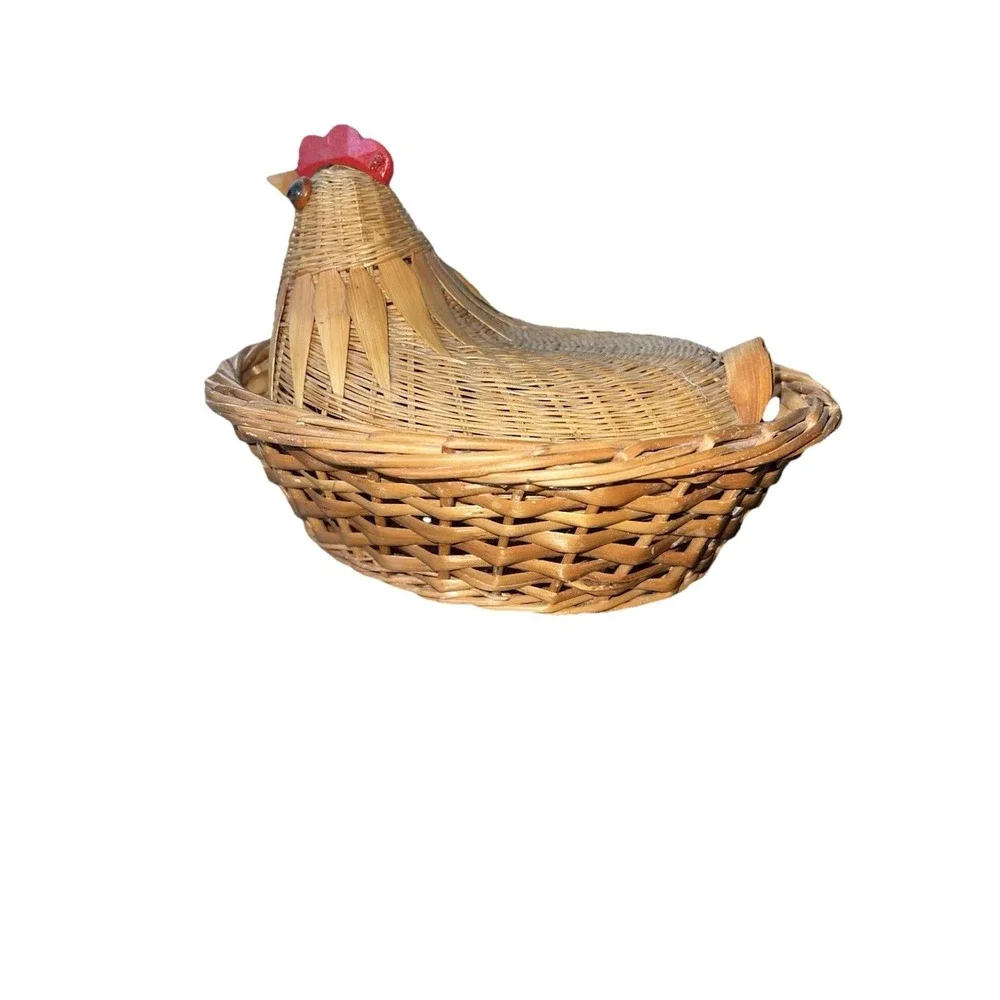 Vintage Hen On Nest Chicken Basket Woven Wood Wicker Rattan Farmhouse Decor 8